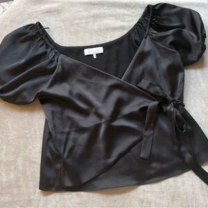 Wayf Black Satin Puff Sleeve Blouse